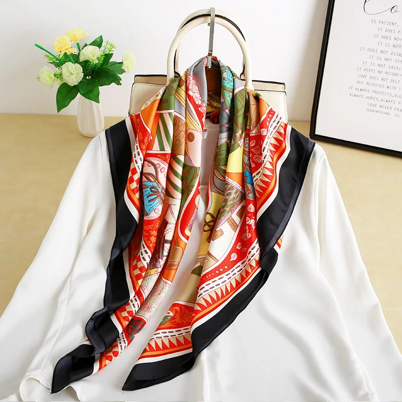 

2021 Summer Luxury Brand Fashion Kerchief Silk Satin Neck Scarf For Women Print Hijab Scarfs Female 90*90cm Square Shawls and Wr