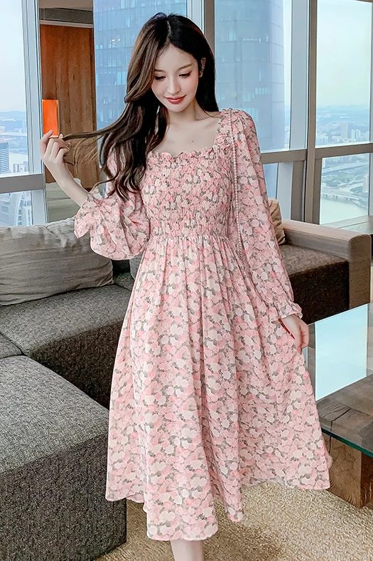 

COIGARSAM French Style Floral Print Women dress New Spring Chiffon High Waist Square Collar Dresses Pink Flowers 6129