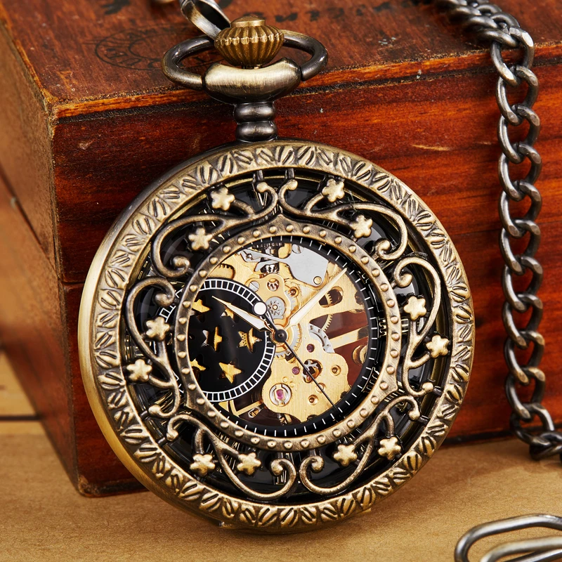 Hollow Mechanical Pocket Watch Steampunk Pendent Chains Gold Skeleton Hand-winding Fob Watch Men Women Xmas gifts