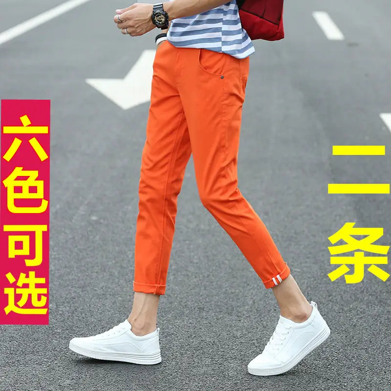 

Summer thin Capris men's casual pants red Korean slim feet color orange pure cotton 9-point fashion