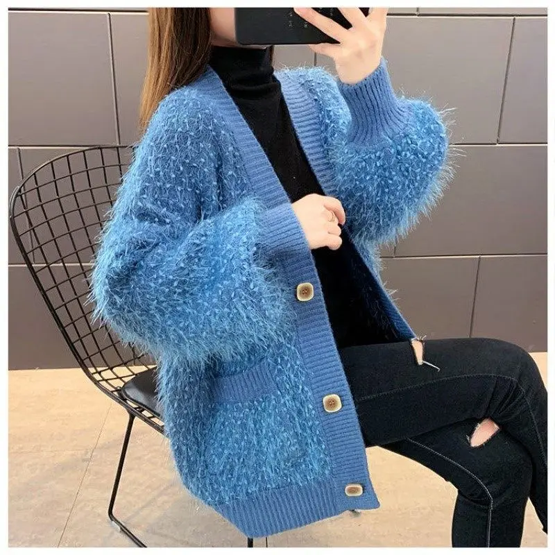 

2021 Spring New V-neck Knitted Cardigan Women's Fashion Imitation Mink Velvet Loose Long Fur Sweater Coat Women Thickened Tide