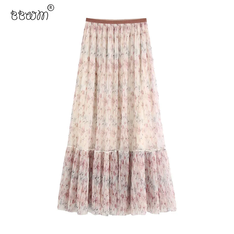 Женская плиссированная юбка с цветочным принтом Повседневная Длинная винтажная