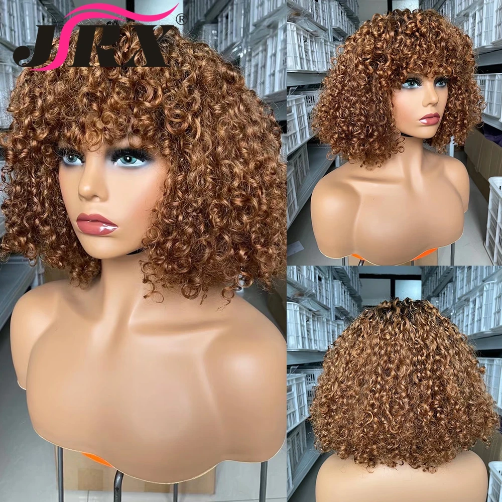 

Honey Blonde Human Hair Wigs with Bangs 1B/27 Colored Malaysian Curly Full Machine Made Wigs For Women Kinky Cury Remy Hair