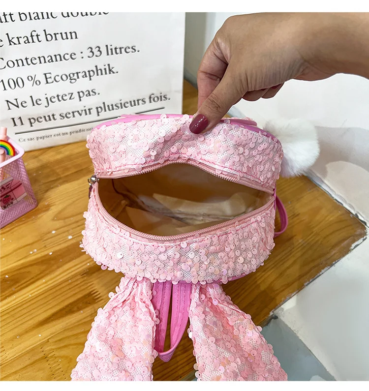 Girls Boys New Fashion Leisure Lovely Rabbit Ears Sequin Backpacks In Kindergarten Children Backpack with Wool Ball Pendant