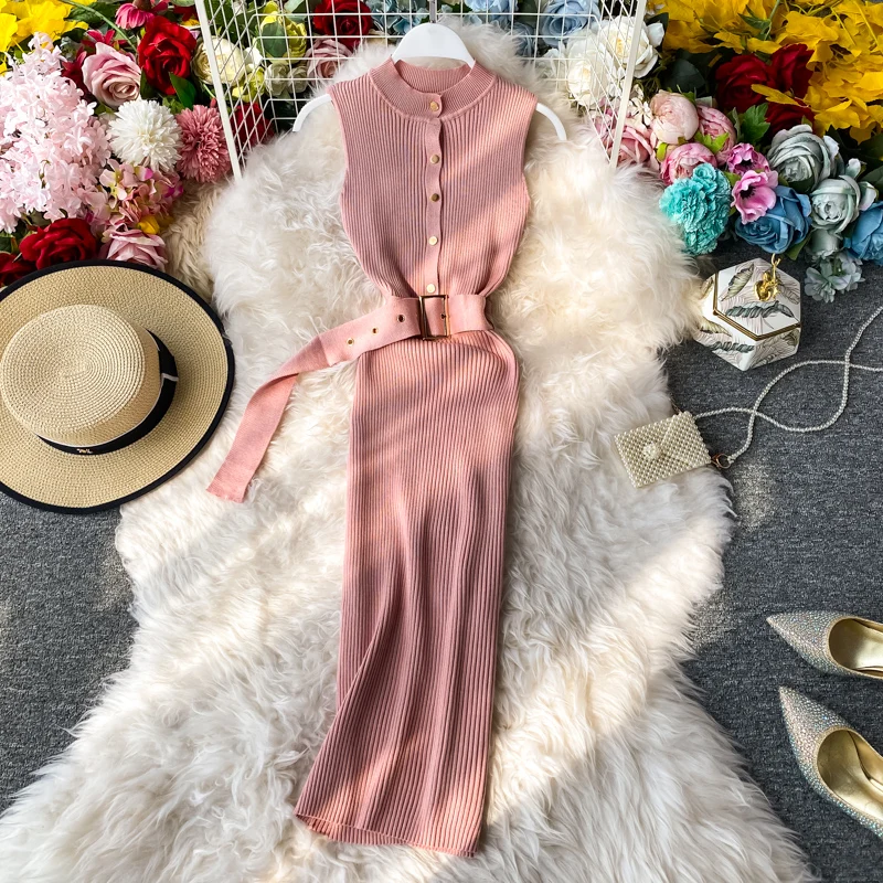 ALPHALMODA 2020 Summer Women Knit Dress Single Breasted Slim Belted Sleeveless Ladies Vintage Solid Knitting | Женская одежда