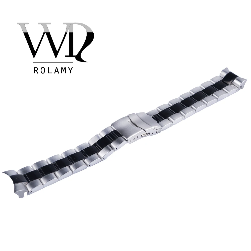 

Rolamy 22mm Sliver Black Stainless Steel Wrist Watch band Replacement Metal Watchband Bracelet Double Push Clasp For Seiko