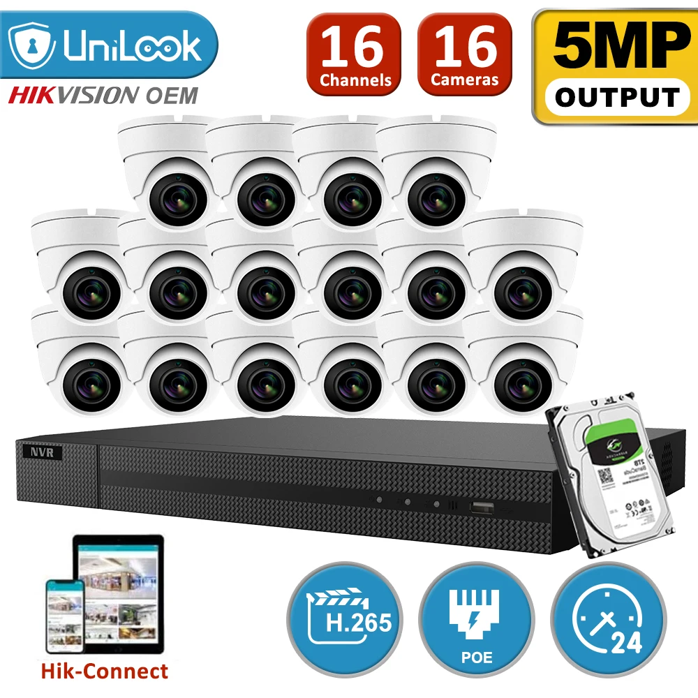 

UniLook 16CH NVR 16Pcs 5MP White Mini Dome POE IP Cameras NVR Kit Security System Motion Detection H.265 Night Vision P2P