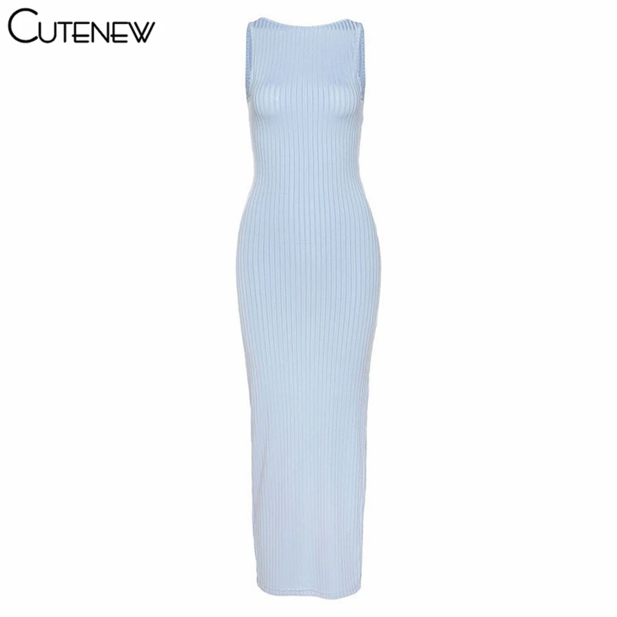 

Cutenew Sexy Hollow Out Backless Long Dress Women's Clothes Summer Solid Rib Knitting Streetwear Simple Casual Slim Lady Dresses