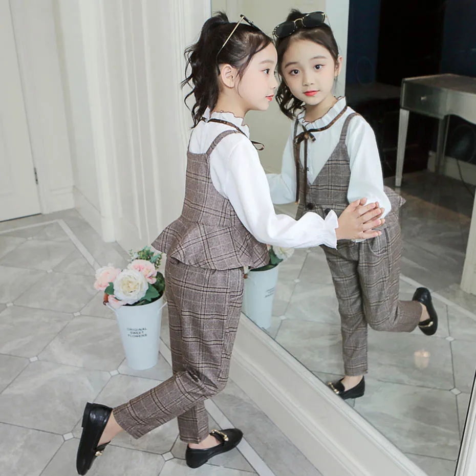Детская одежда клетчатый жилет брюки и блузки костюмы для девочек вечерние