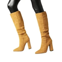 2021 european american style fashion fold pile boots knee high womens boots flock leather stretch tall botas stilettos heels