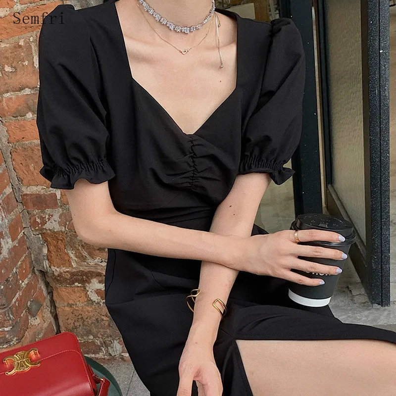 

Semfri Dress Women 2020 Summer French Vintage Split Dresses Female V-neck Bubble Sleeve Elegant Long Sexy Dress for Date