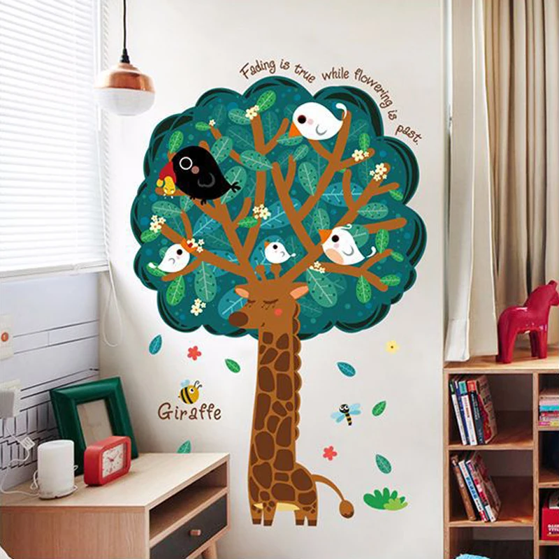 Creative Giraffe Tree Wall Stickers Cute Birds Kids Room Decoration Vinyl Removable Cartoon Mural Decals Self Adhesive Posters | Дом и сад