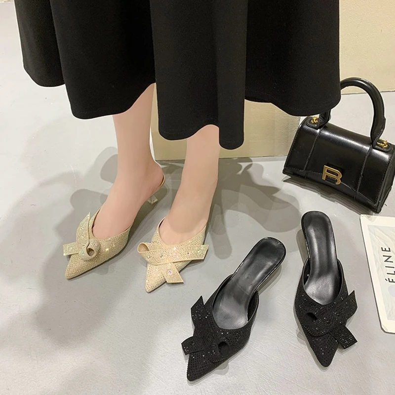 

Slippers Casual Mules For Women 2021 High-Heeled Shoes Lady Glitter Slides Pantofle Pointed Toe Shallow Med Butterfly-Knot Flock
