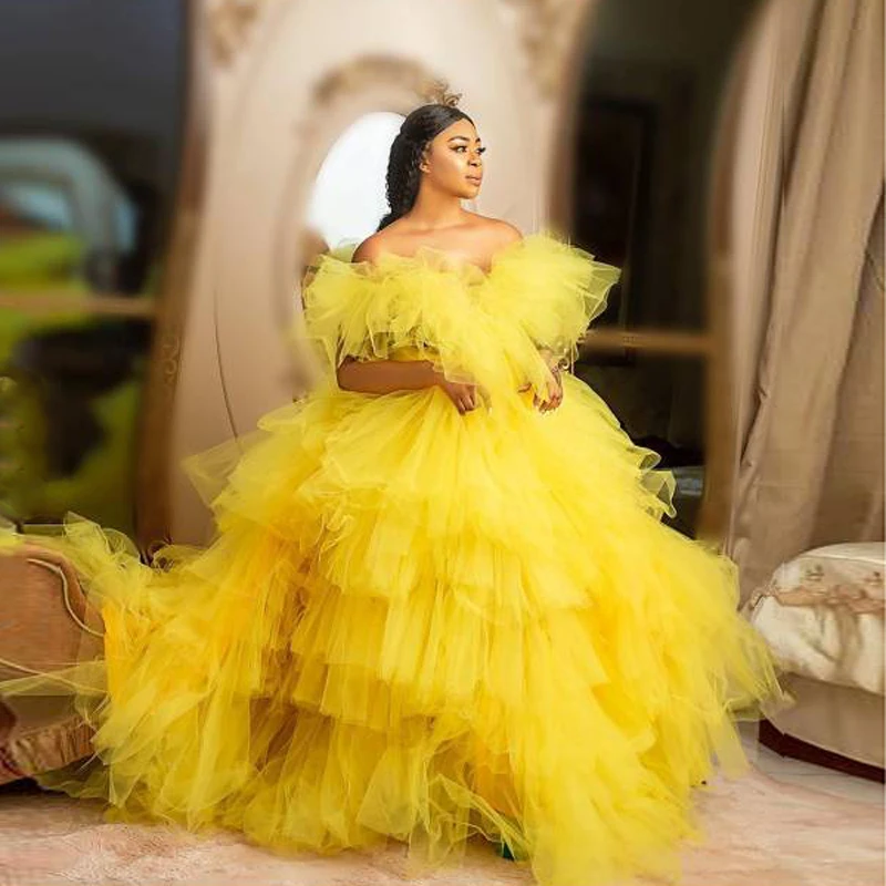 

Hippie Style 2020 Ball Gown Formal Dress Puffy Tiered Tulle Yellow Prom Party Dresses Off the Shoulder Ruffles Chic Evening Gown