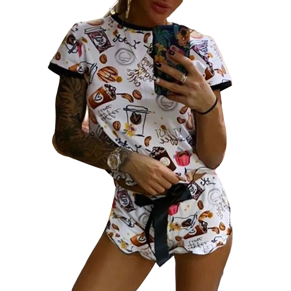 Women´s Sleeping Top, Lace-up Shorts Suit, Round Collar Beverage Printed Loose Elastic Home Outdoor Clothes men s camouflage style lace up slimming elastic shorts