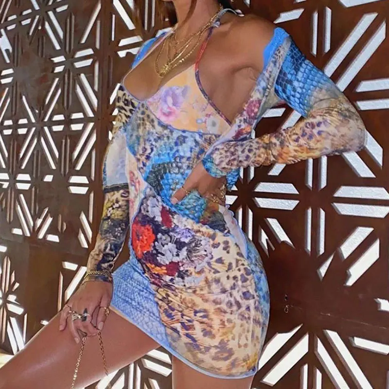 

Summer Women's Pencil Dresses Fashion Sexy Floral Stitching Multi-Element Strap Halterneck V-Neck Slim Holiday Sling Dress 2021