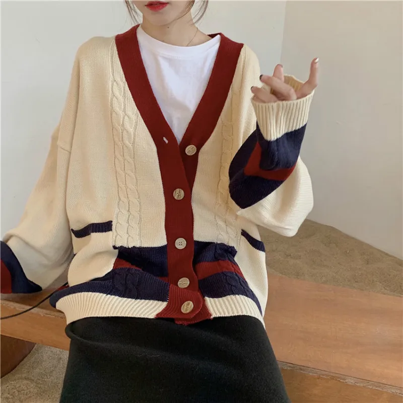 

Women Autumn Winter Twist Patchwork Long Sweater Coat Female Long Sleeve V Neck Knitted Cardigan Loose plus size Pocket Outwear