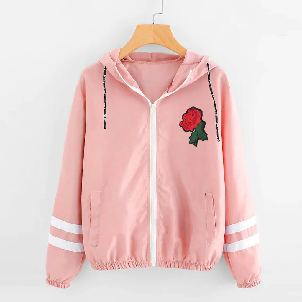 

Vogue Women Jackets Spring Autumn Rose Hooded Thin Skin Suits Zip Sport Coat Outerwear Jackets Patchwork Windbreaker 6#3