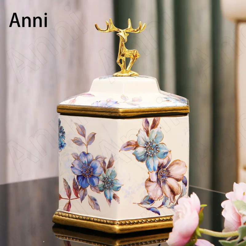 

American Large Ceramic Vintage Bottle Creativity Golden Deer Creative Flower Vase Coffee Table Snack Candy Storage Jar with Lid