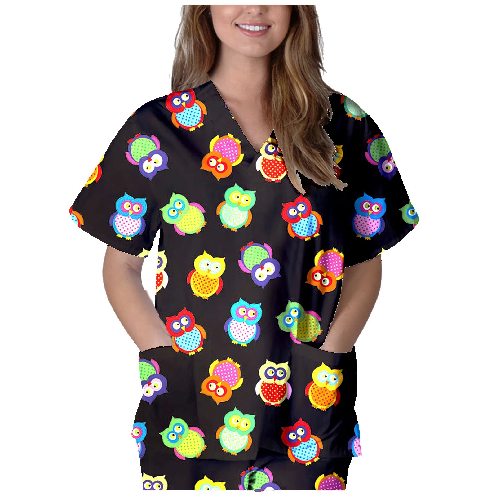 

Women Short Sleeve V-neck Tops Nursing Working Uniform T-shirts Uniforme de enfermera Patrn de color Uniform