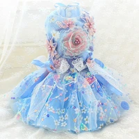 free shipping handmade dog clothes pet dress princess style sky blue pearl embroider flowers sequin lace more layers tulle skirt