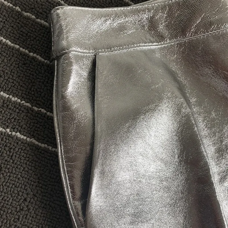 

New Fashion Women Bright Silver Sheepskin Genuine Leather Pants Ankle Length Punk Style Harem Pants Streetwear Female Trousers