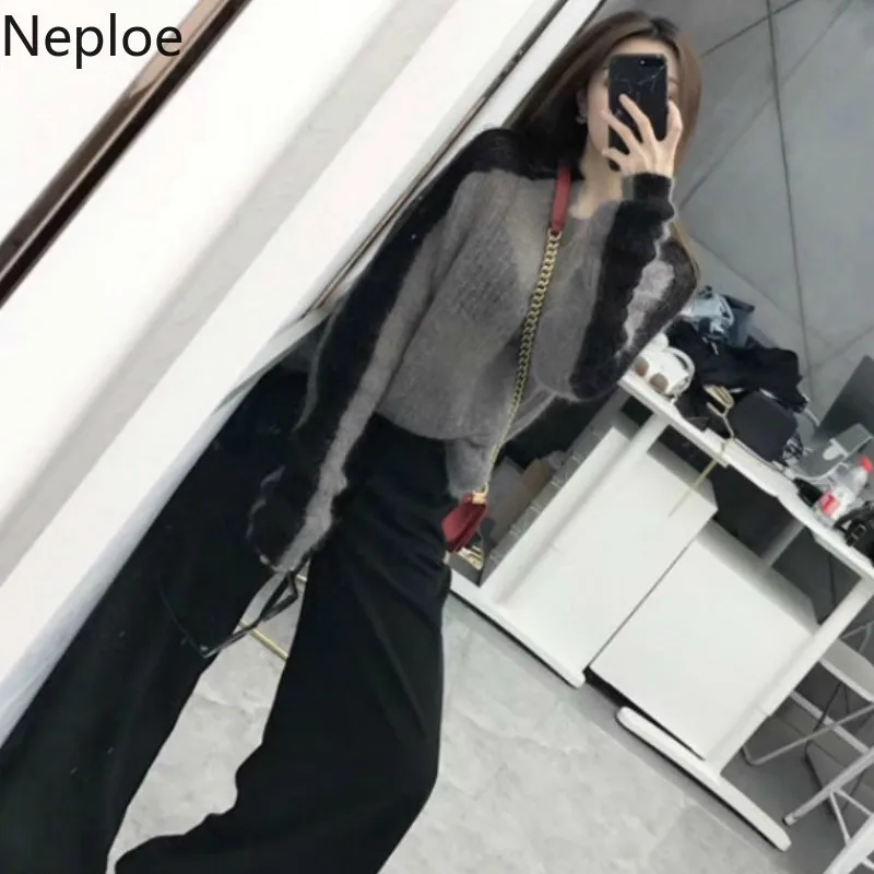 Neploe тонкий лоскутный длинный рукав Свободный корейский вязаный нижний свитер