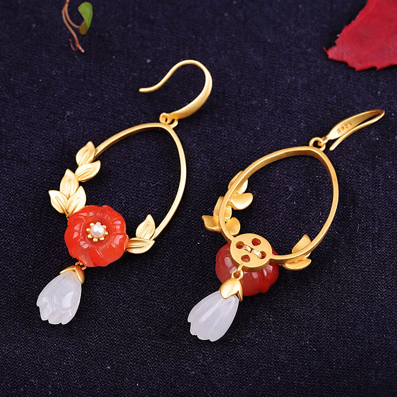 Украшения бутика KJJEAXCMY - серьги из ювелирного серебра S925 с покрытием золотом, украшенные южно-красным яшмой Хэтянь.
