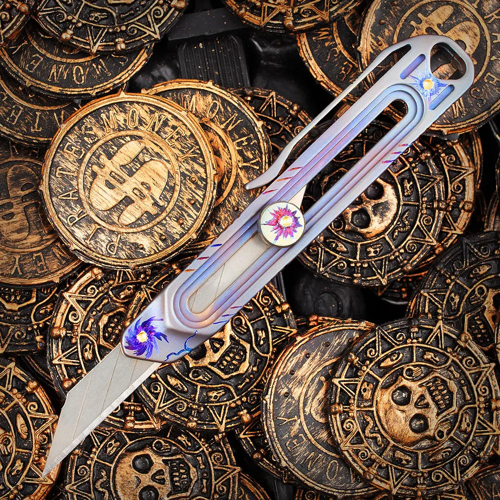 Titanium alloy hand-carved telescopic knife outdoor self-defense knife office knife multi-function tool knife craft gift EDC