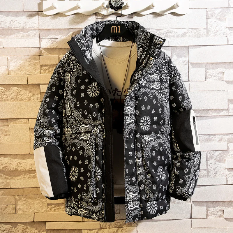 2021 winter new down men's down jacket Japanese cashew flower print short couple models stand-up collar bread jacket