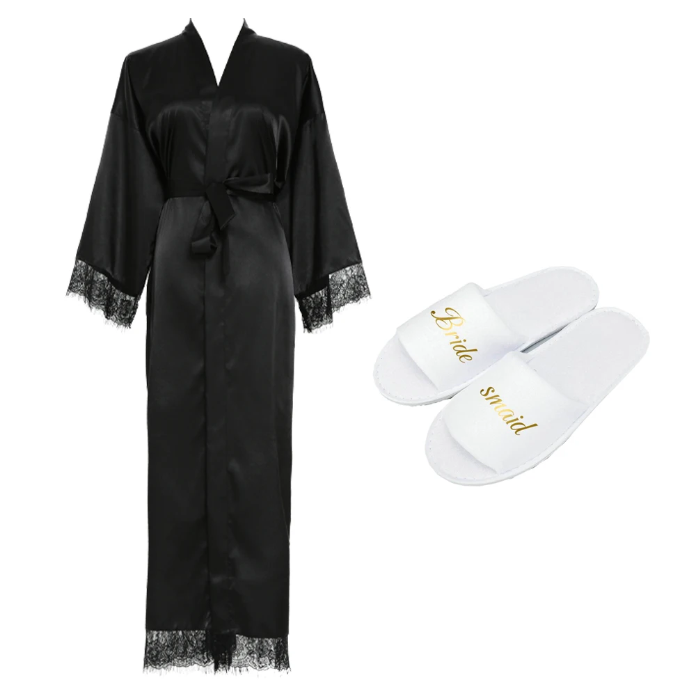 Silk stain lace robes bridesmaid bride robes slipper  long robe bathrobe wedding long sleepwear womens robe birthday robes