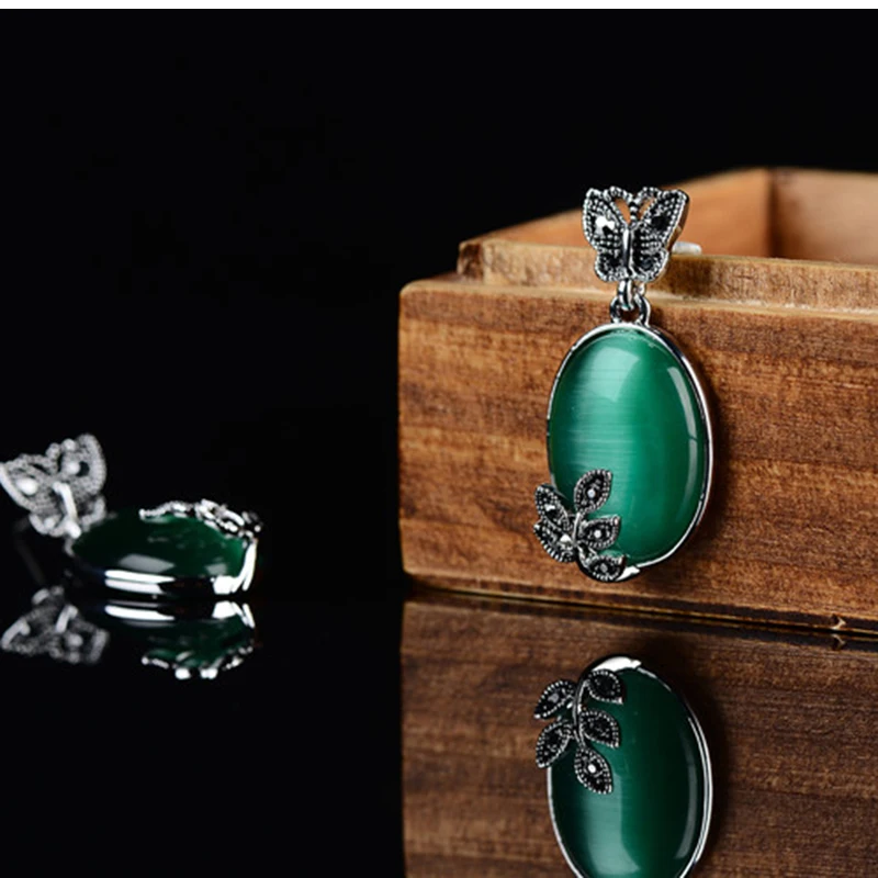 Серьги с Зелёным Камнем Большой Натуральный Опал Бабочки Винтажные Ретро Тёмный
