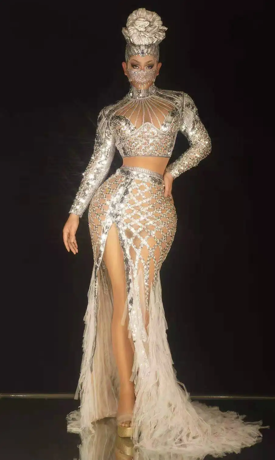 

Сверкающее серебристое платье с блестками, длинное платье-Русалка Стрейч для вечеринки, выпускного, певицы, сценического шоу