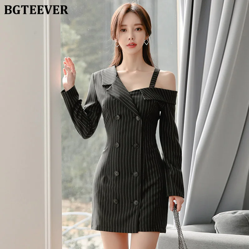 BGTEEVER винтажное двубортное женское платье на одно плечо длинный рукав черное