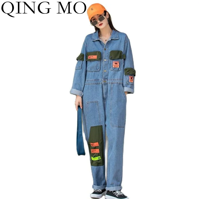 

QING MO Autumn Fashion Denim Jumpsuit Women Loose Large Size Letter Printing 2021 New Trend Patch Jumpsuit Blue ZWL604