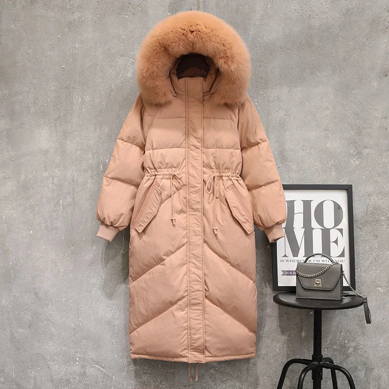 

Winter White Duck Down Jacket Women Real Fur Fashion Over Knee Thickened Korean Drawstring Internet Celebrity Ladies Down Coat