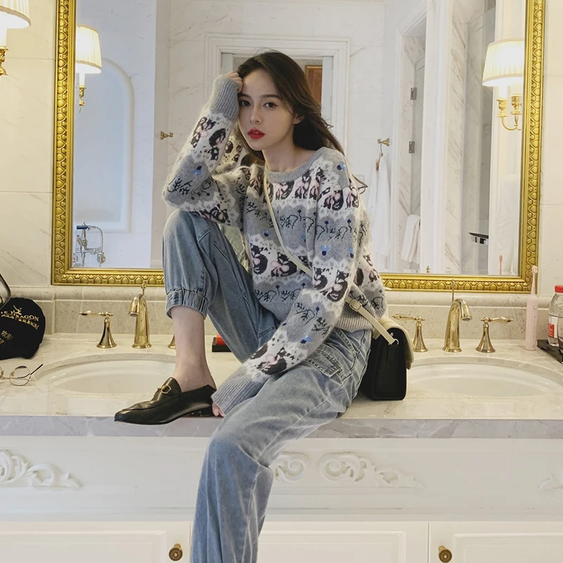 Женский короткий свитер 2019 модный жаккардовый вязаный с круглым вырезом пуловер