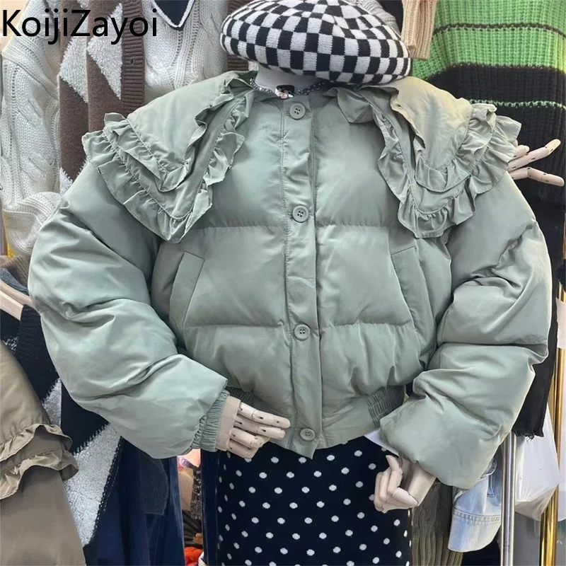 

Модные женские теплые парки Koijizayoi, однотонные корейские укороченные стеганые пальто с оборками, шикарные однобортные пуховые пальто, одежд...