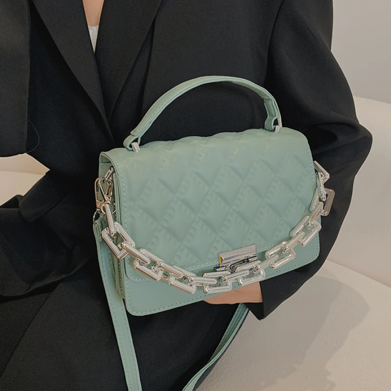 

High Quality Leather Handbag Luxury Brand Thick Chain Handle Shoulder Messenger Bags for Woman 2021 Small Square Bag