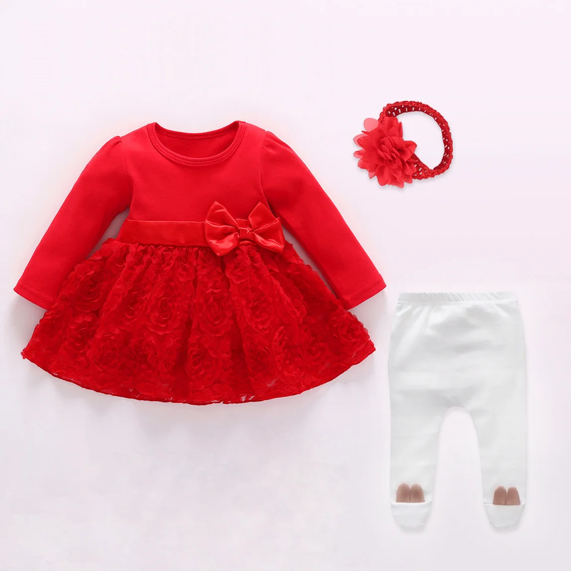 Baby Girls Infant Newborn Dress Foot Pants Autumn Wedding Party Birthday Outfits 0 3 Month dress headband Christening Gown