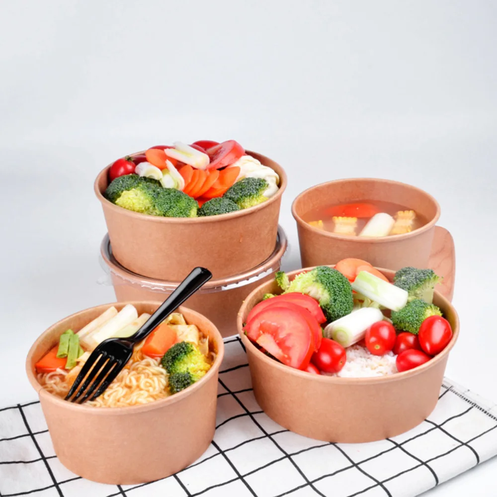 

20pcs Disposable Kraft Paper Bowls Fruit Salad Bowl Food Packaging Containers Party Favor (16oz, with Lid)