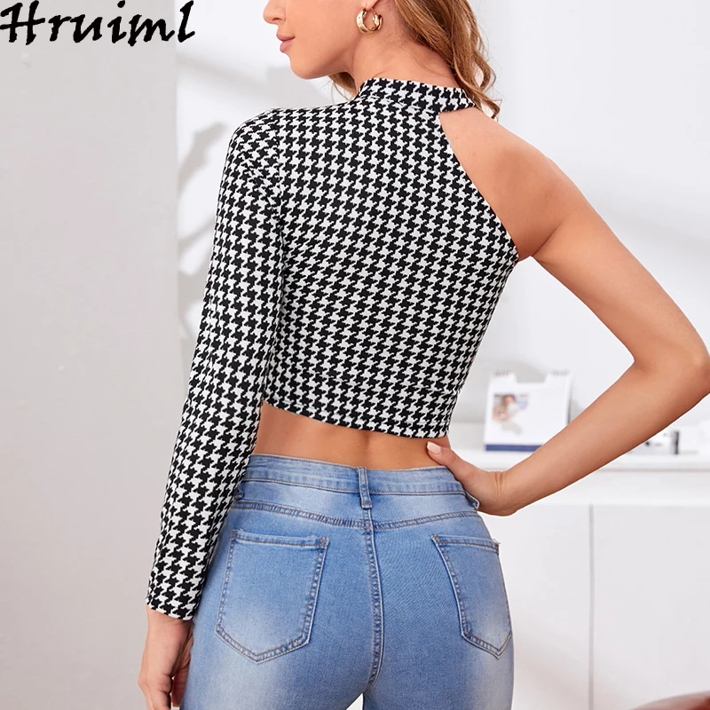 

Vintage Long Sleeve Plaid Women Blouses One Shoulder Crop Top Elegant Irregular O Neck Womens Sexy Tops Autumn Fashion 2020