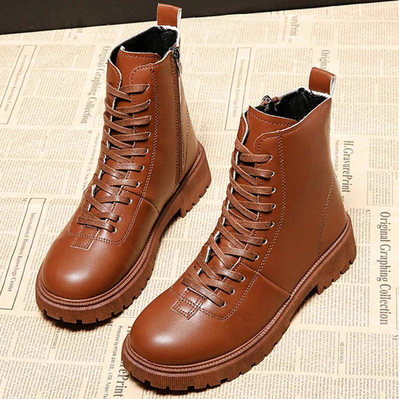 

Женские ботинки из искусственной кожи, зимние ботинки челси на платформе, на шнуровке, на плоской подошве, теплые ботильоны, повседневная же...