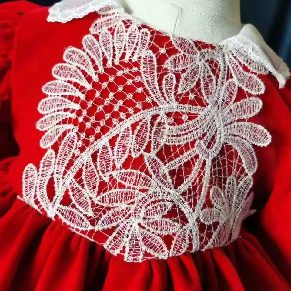 

Vintage Spanish baby girl red lolita princcess dress kids lace stitching Christmas birthday party ball gown dress
