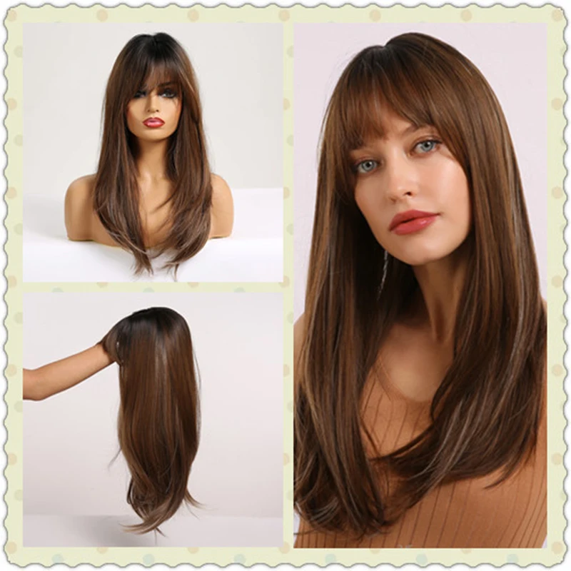 

EASIHAIR Long Straight Wigs with Bangs Brown Ombre Synthetic Hair Wigs for Women Daily Natural Hair Wigs Layered Heat Resistant