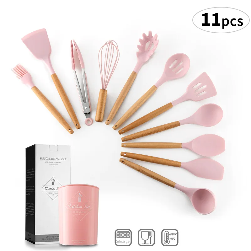 

Silicone Cooking Utensils Set Pink Solid Wood Handle with Storage Box, Kitchenware Kit Kitchen Tools Accessories