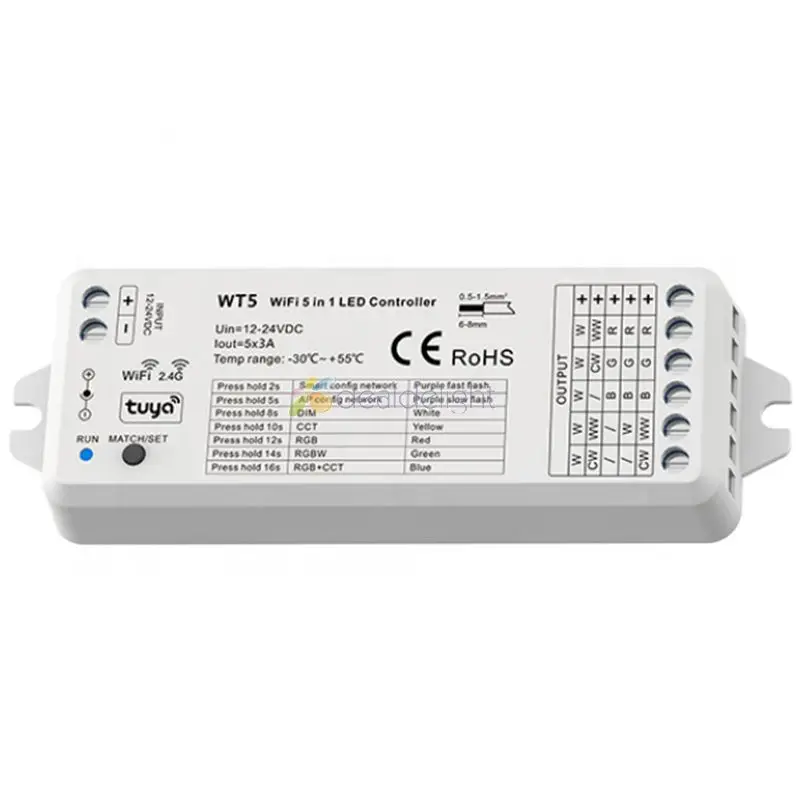 

Skydacen WT5 5 in 1 LED Controller Dim CCT RGB RGBW RGBWW RGBCCT Strip Tuya Smart Life Wifi 2.4G RF Wireless Remote Controller