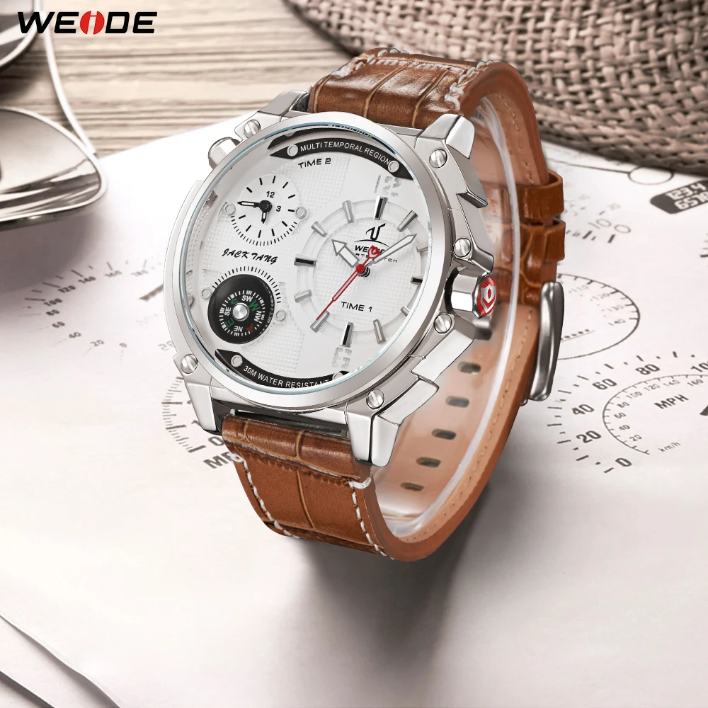 WEIDE топ бренд мужские часы Роскошные спортивные коричневые кожаный ремешок