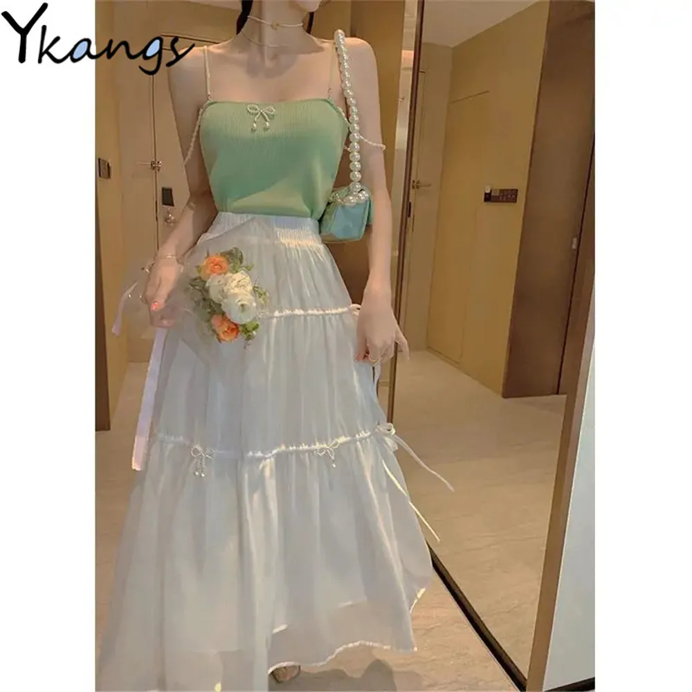 Женская плиссированная юбка из органзы с жемчугом и бантом со шнуровкой оборками