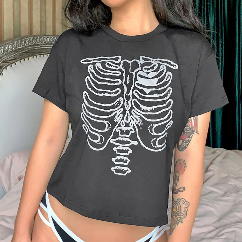 

New Dark Gothic Punk Personality Fashion Street Trend Women's Skeleton Skeleton Printed Round Neck Navel Bare Casual T-Shirt Top